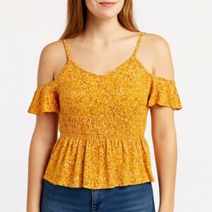 NWOT Hippie Rose Golden Floral Short Sleeve Blouse w/ Cut-Out Detail Size Small